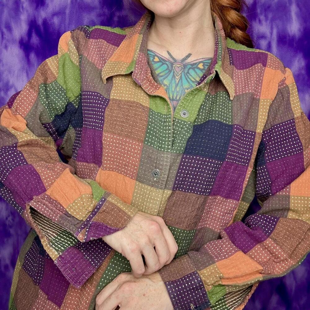 Multicolored Patchwork Plaid Button-Up Shirt - image 4